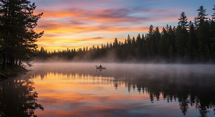 Obraz premium Kayaker on Misty Lake at Colorful Sunrise