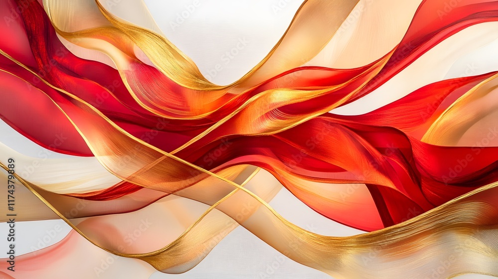 Poster dynamic flow of red and gold ribbons abstract art modern design studio setting aesthetic viewpoint