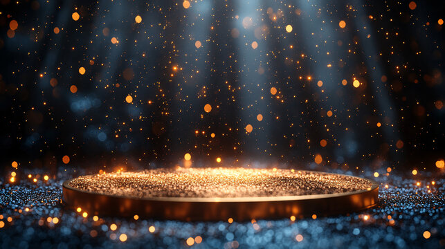 Dark blue stage with golden spotlight lines and glitter texture for award ceremony design. Realistic 3d abstract premium elegant glamour background template for anniversary