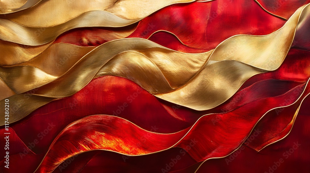Poster dynamic flow of golden and red waves abstract art installation studio environment artistic expressio