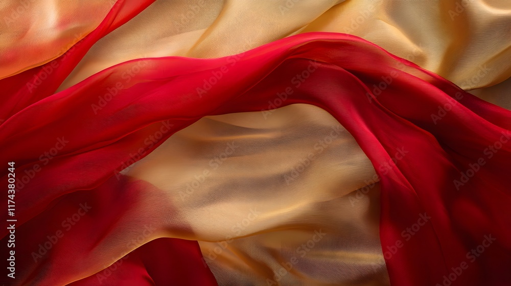 Poster flowing red and yellow fabric drapery artistic display colorful textiles studio environment close-up