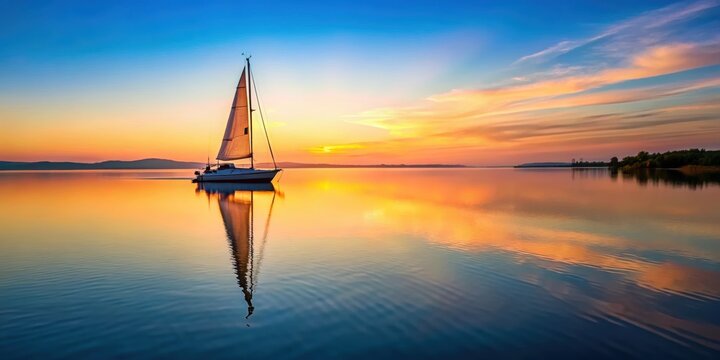 A sailboat glides effortlessly across the calm surface of a lake at sunset, reflection, feder auf Wasser