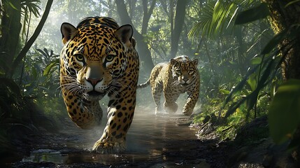 Majestic Jaguars Prowling Through Lush Rainforest