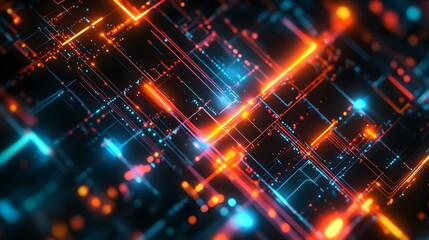 Dynamic data visualization of neon circuit patterns digital realm abstract art futuristic technology aerial view connectivity concept