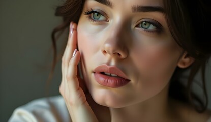 Obraz premium Close-up portrait of a young woman with green eyes and a thoughtful expression 