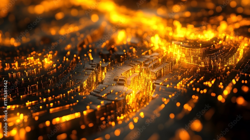 Poster dynamic flow of golden particles digital space abstract visualization futuristic environment aerial 