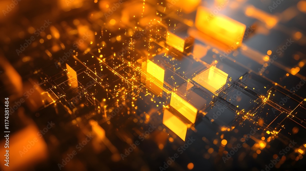 Poster dynamic golden particles flowing through digital grid abstract visualization high-tech environment c