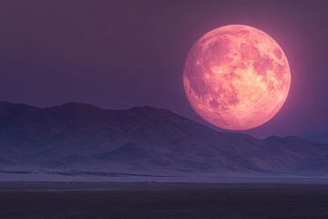 Pink supermoon rising over a vast, mountainous desert landscape at twilight.