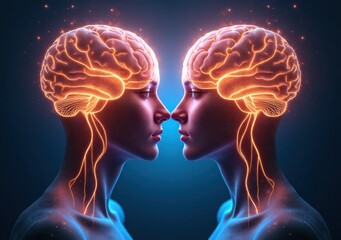 Obraz premium Creative representation of two human brains interconnected by neural activity