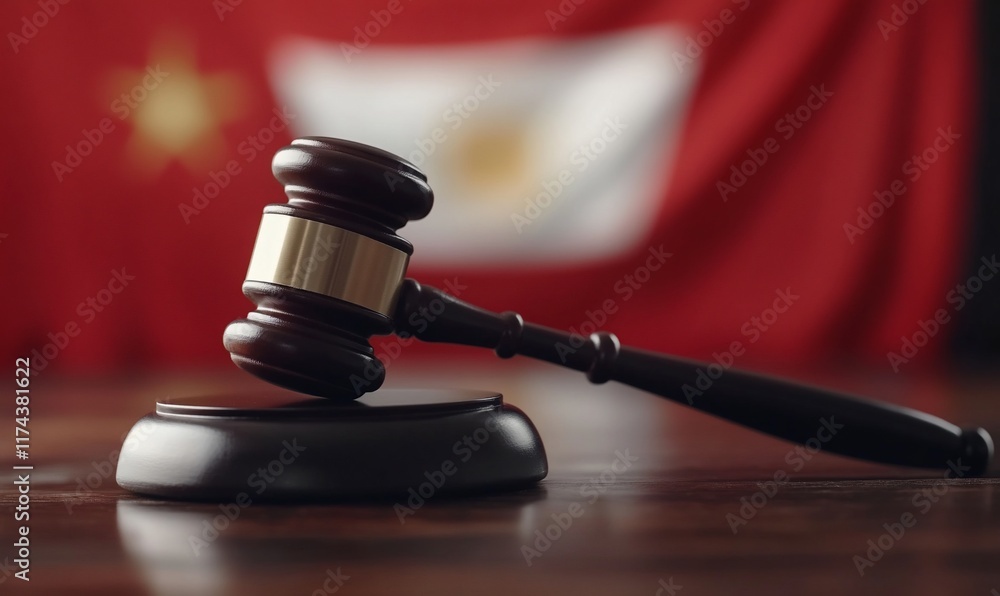 Poster a gavel rests on a sound block with a flag in the background, symbolizing justice.