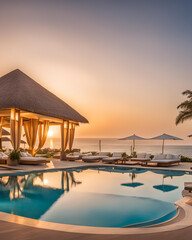 Fototapeta premium luxurious, tropical resort, resort setting, exotic destination, paradise, oceanfront resort, lush greenery, palm trees, infinity pool, beachfront property, tropical vibes, serene escape, private villa