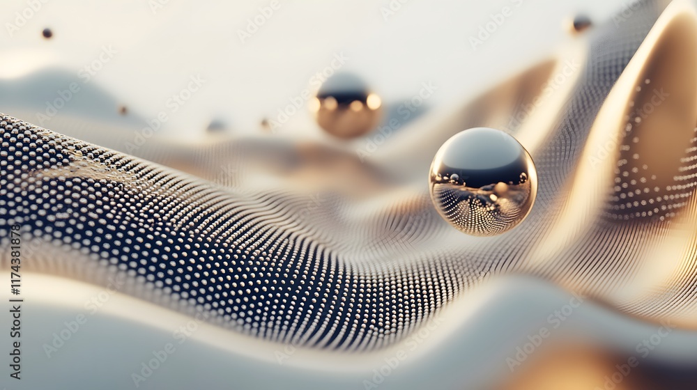 Aufkleber dynamic metallic spheres on textured waves abstract art digital environment close-up perspective mod