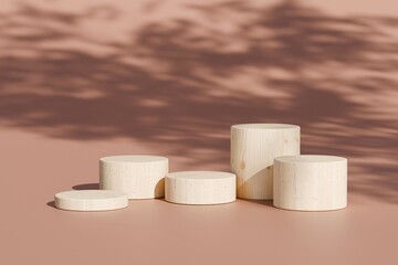Wood podium pedestal on warming brown background with geometric shapes circle on one floor curved wall the platform for product presentation minimal style, copy space, abstract podium. 3d rendering.
