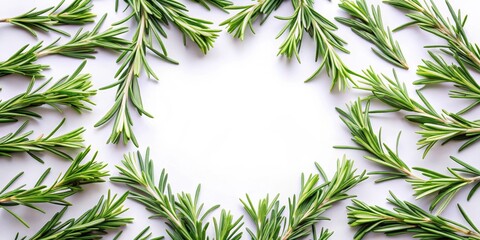 Obraz premium Fresh rosemary leaves arranged in a circular pattern with individual sprigs separated , greenery, rosemary, greenery