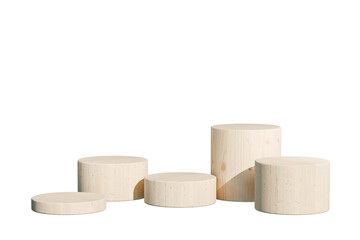 Wood podium pedestal on warming brown background with geometric shapes circle on one floor curved wall the platform for product presentation minimal style, copy space, abstract podium. 3d rendering.