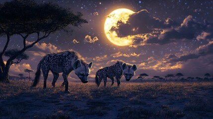 African Savanna Night: Hyenas Under a Full Moon