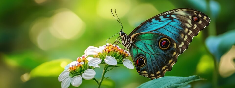 The elusive beauty of a rare blue morpho butterfly perched on a rainforest flower in the Amazon Basin, Rainforest scene, Naturalistic style