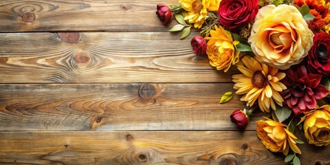 Distressed wooden background with artificial flowers arranged in a vintage floral arrangement style, with yellow and red hues, and soft focus effect , distressed wood, vintage style background