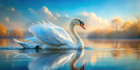 Naklejka premium White Swan Tilt Shift on Water, Beautiful Waterfowl, Photorealistic AI Art