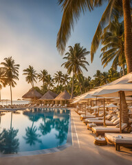 Fototapeta premium luxurious resort, tropical paradise, beachfront retreat, private villa, tropical resort, luxury vacation, oceanfront property, panoramic views, exotic getaway, serene escape, resort lifestyle, infinit