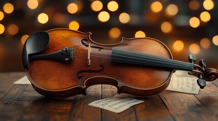 Fototapeta premium Violin on Wooden Surface with Sheet Music and Festive Lights