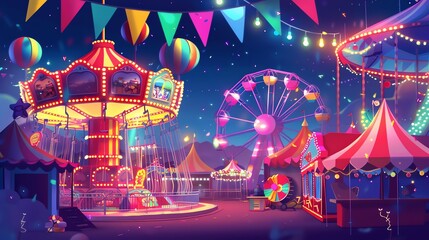 A cartoon style illustration of a carnival at night with a Ferris wheel, carousel and carnival games.
