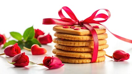 Naklejka premium Romantic Valentine's Day cookies: stacked layers, red ribbon, pink rose petals.