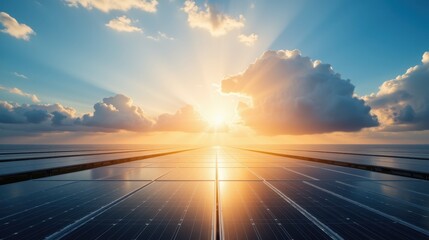Bright Sunrise Over Solar Panels in a Scenic Landscape