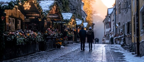Obraz premium Romantic Couple Strolling Snowy Christmas Market Street