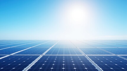 Bright Solar Panels Under Clear Blue Sky With Shining Sunlight