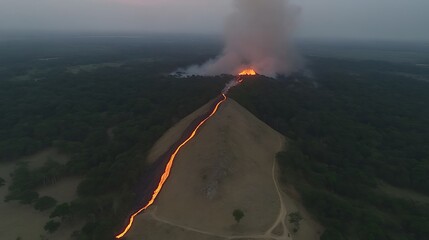 Aerial view of wildfire burning down a hill, spreading through forest.