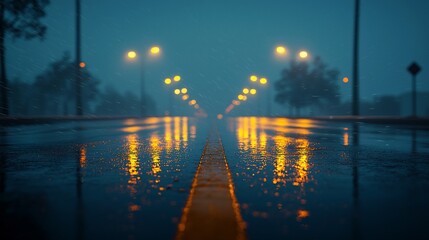 Rainy night street scene with blurred lights reflecting on wet asphalt.