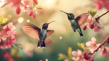 Hummingbirds in Spring Blossoms: A Serene Garden Scene