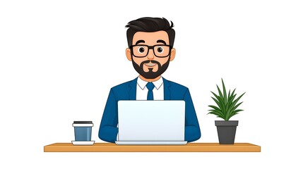 Professional Man Working at Desk with Laptop and Coffee Cup