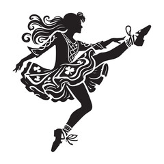 Irish Dance Silhouette Vector Illustration, Solid White Background.