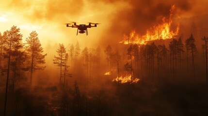 Naklejka premium Drones fly through a smoky forest, their fire-retardant chemicals creating a protective barrier over vulnerable areas.