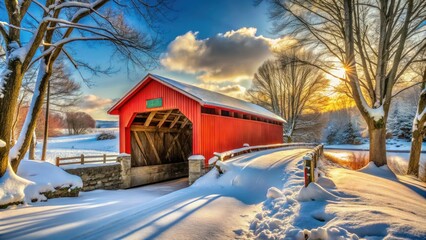 Lancaster County Snowy Day, Red Covered Bridge, Pennsylvania Winter Wonderland Photography