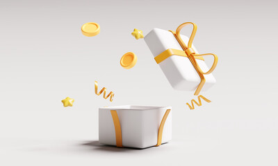 Open a gift box with coins. Bonut, celebration, reward, finance, money. 3d rendering