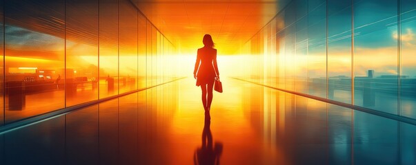 Businesswoman silhouetted against a vibrant sunset in an office