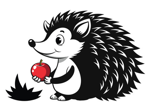 hedgehog-with-an-apple-in-his-paws black-and-white B.eps
