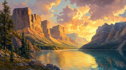 Golden sunlight cascading over rugged mountain cliffs, a serene river flowing at the base, reflecting the vivid hues of dawn.