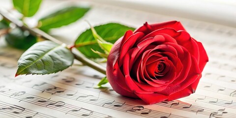 Elegant single red rose on a musical staff with notes in various colors, set against a soft white background, exuding sophistication and serenity , red rose, sophistication