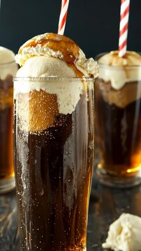 Classic root beer float topped with whipped cream and a cherry served in tall glasses