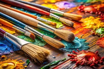 Fototapeta premium Macro Photography: Artistic Tools, Paintbrushes, Pencils, Art Supplies, Close Up, Detailed, Creative, Professional Studio Shot, High Resolution Image