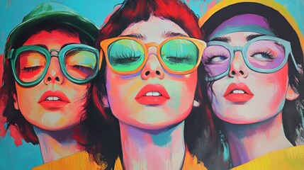 Fototapeta premium Colorful Portrait of Three Women in Sunglasses