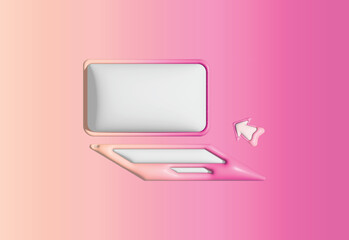 Modern computer monitor with arrow. Web page template landing page. Desktop computer screen template. Realistic 3d cartoon style design. Isolated on colorful background. vector illustration