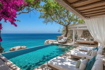 Obraz premium Serene oceanfront retreat with infinity pool and vibrant flora
