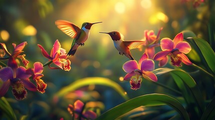 Hummingbirds and Orchids in Golden Hour