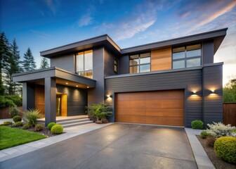 Fototapeta premium Modern Garage Door Design - Luxury Home Exterior - Contemporary Architecture - Grey House - Concrete Driveway - Glass Windows