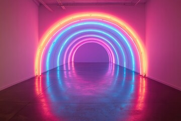 Vibrant neon rainbow installation in modern art space